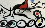 Joan Mir, La faticosa marcia guidata dall'uccello fiammeggiante del deserto (Marche pnible guide par l'oiseau flamboyant du dsert), 1968 | Olio su tela, cm 194 x 390,5 | Parigi, Galerie Maeght |  foto Galerie Maeght