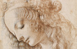 Leonardo da Vinci (Vinci, 1452- Amboise,1519), Testa femminile con lo sguardo rivolto verso il basso, 1468-1475 ca., Pietra nera, pennello e inchiostro, biacca, 280  200 mm., Gabinetto Disegni e Stampe degli Uffizi, Firenze
