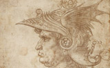 Leonardo da Vinci (Vinci, 1452- Amboise,1519), Busto di guerriero di profilo, 1475-1480 ca., Punta d'argento su carta preparata color crema, 287  211 mm., British Museum, Londra
