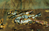 Filippo De Pisis, Natura morta con pesci, 1945, Olio su tela, 40x90 cm, Collezione della Fondazione di Venezia