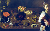 Bernardo Strozzi (Genova 1581 - Venezia 1644) |  Astolfo Petrazzi ,  attribuito a (Siena 1589  -  1665), Figura femminile e grande tavolo con natura morta, Olio su tela  (cm. 131 x 174) | Dipinto esposto alla mostra Le Stanze del Collezionista da P&B Galleria Pasti Bencini