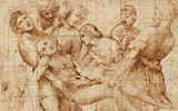 Raffaello Sanzio (Urbino, 1483 - Roma, 1520), Deposizione di Cristo, 1506 ca., Penna e inchiostro, pietra nera, quadrettato a stilo e pietra rossa, 290 × 297 mm., Gabinetto Disegni e Stampe degli Uffizi, Firenze