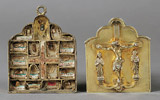 Trittico Reliquiario della Vera Croce<br>Treviri, 1270 circa<br>Argento dorato, legno, tessuto e pergamena<br>Colonia, Museum Schnütgen